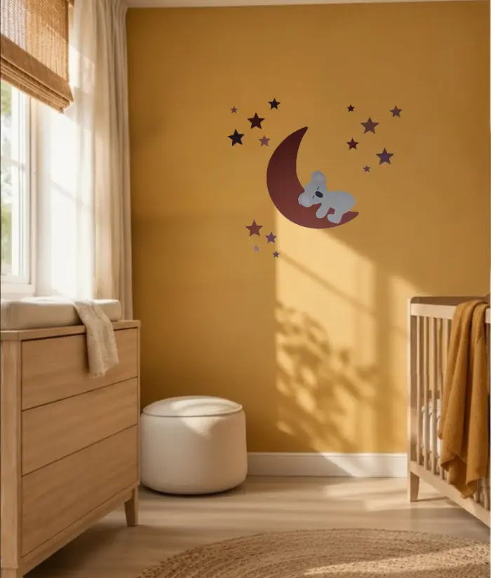 Slapende koala op de maan in okergele babykamer